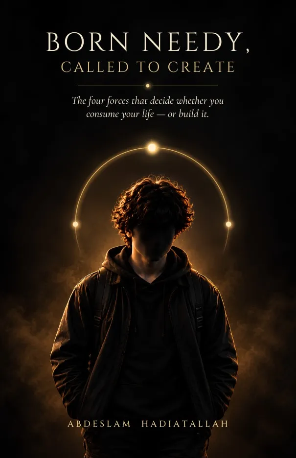 Cover of Born Needy, Called to Create: a faceless hooded figure lit in gold beneath a ring with glowing points, on black.