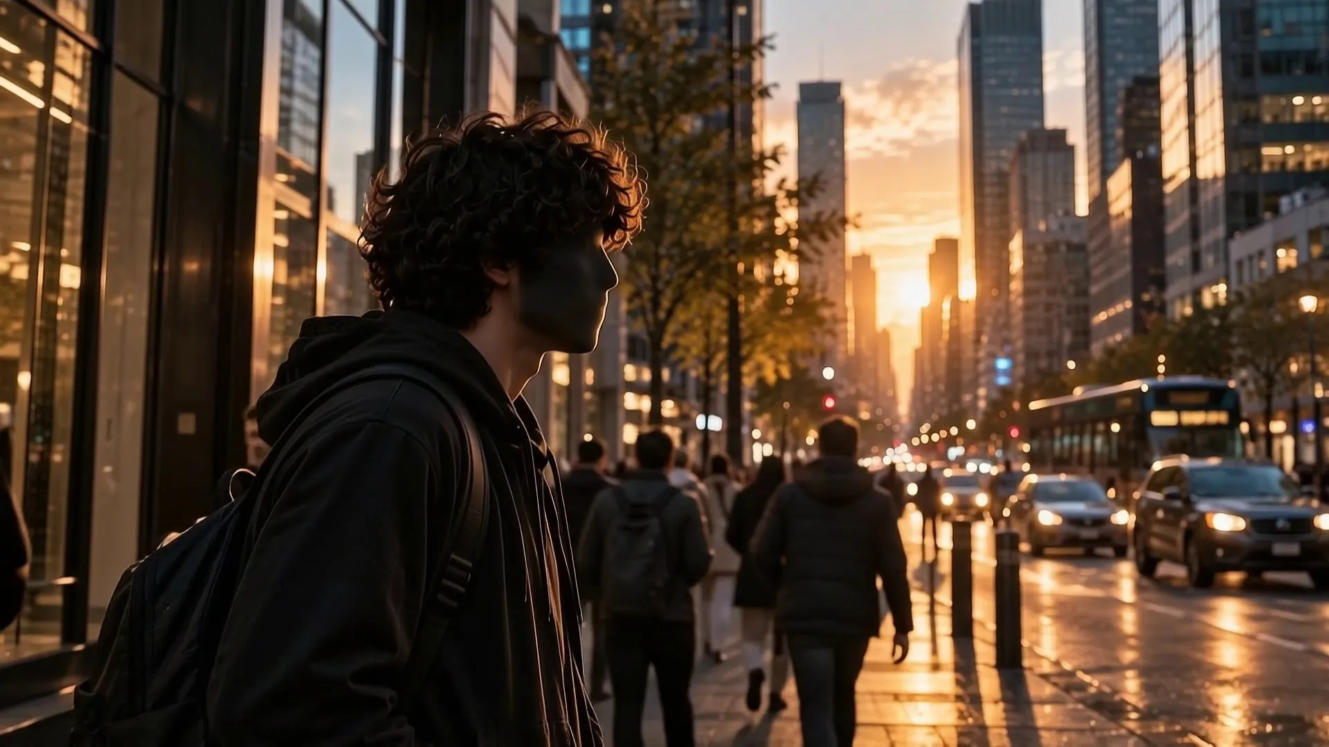 From Episode 1: the faceless figure walks into the city at golden hour.
