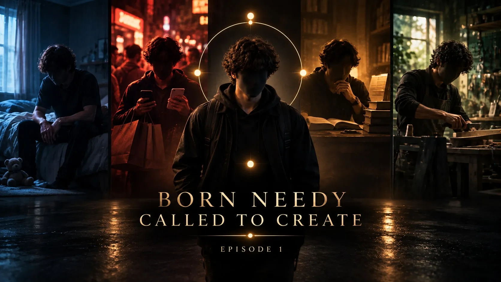 Episode 1 thumbnail: a faceless figure in a hooded jacket inside a ring of four glowing points, between four scenes for the Needy, Consumer, Benefiter and Maker, titled Born Needy, Called to Create, Episode 1.
